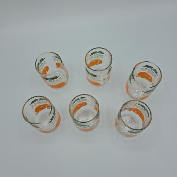 Set of 6 Vintage Anchor Hocking Small Orange Juice Glasses Oranges Leaves Floral - Picture 7 of 12